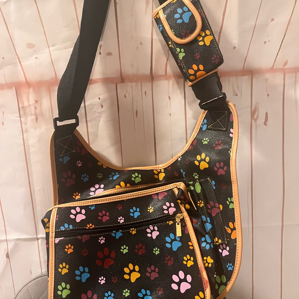 Crossbody Paw-Print Shoulder Bag in Black with Multicolor Prints